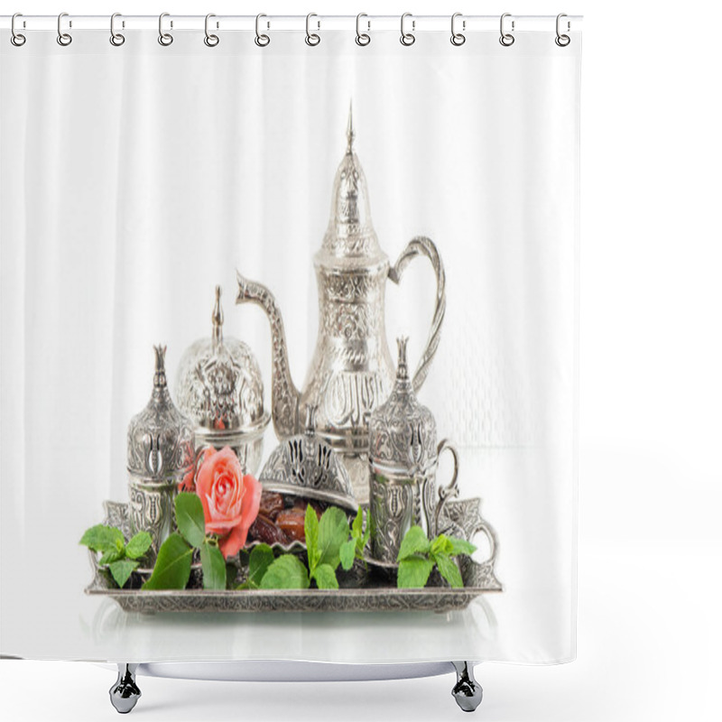 Personality  Holidays Tea Table Setting With Mint Leaves And Rose Flower. Ori Shower Curtains