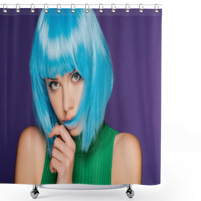 Personality  Beautiful Girl Posing In Trendy Blue Wig, Isolated On Purple Shower Curtains