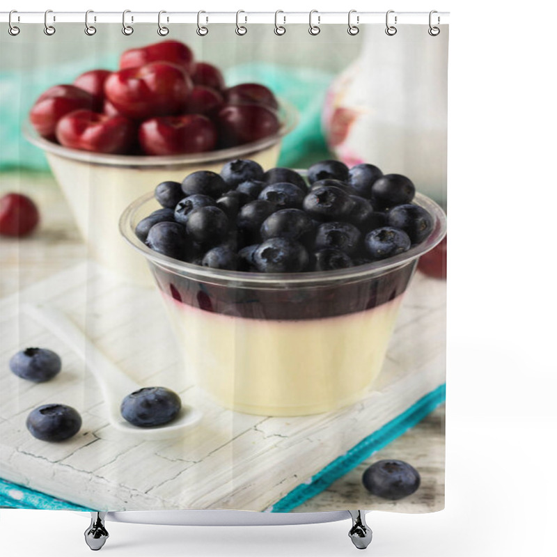 Personality  Italian Pana Cota With Berry Jam And Fresh Blueberries On A Light Background Shower Curtains