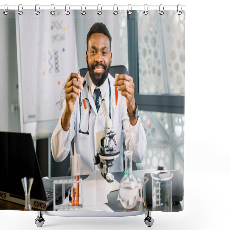 Personality  Handsome Young African Male Scientist, Chemist, Doctor Wearing Lab Coat Smiling Happily Holding Two Test Tubes With Red Liquid, Working At The Lab. Chemical Analysis, Medical Research Concept Shower Curtains