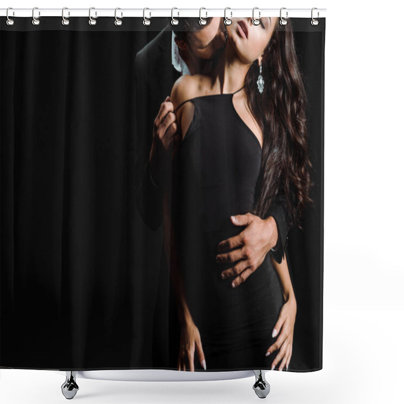 Personality  Cropped View Of Passionate Man Kissing Woman In Dress Isolated On Black  Shower Curtains