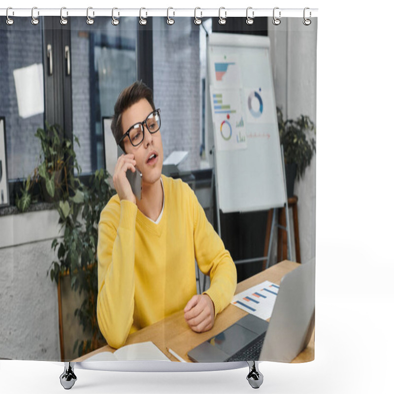 Personality  A Young Professional In A Yellow Sweater Engages On A Call While Seated At An Office Desk. Shower Curtains