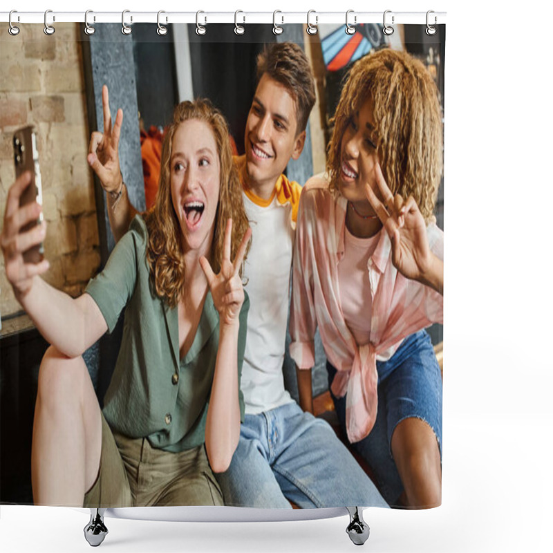 Personality  Excited Multicultural Friends Showing Victory Signs And Taking Selfie On Smartphone In Hostel Lobby Shower Curtains