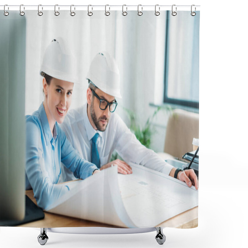 Personality  Successful Architects Working With Building Plan At Office Shower Curtains