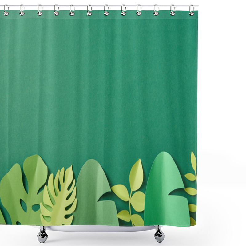 Personality  Top View Of Exotic Paper Cut Palm Leaves On Green Background With Copy Space Shower Curtains