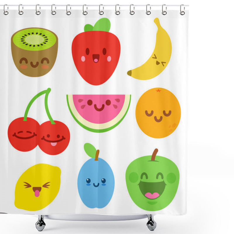 Personality  Funny Flat Cartoon Happy Yummy Fruits Icons Clip Art Vector Illustration On White Shower Curtains