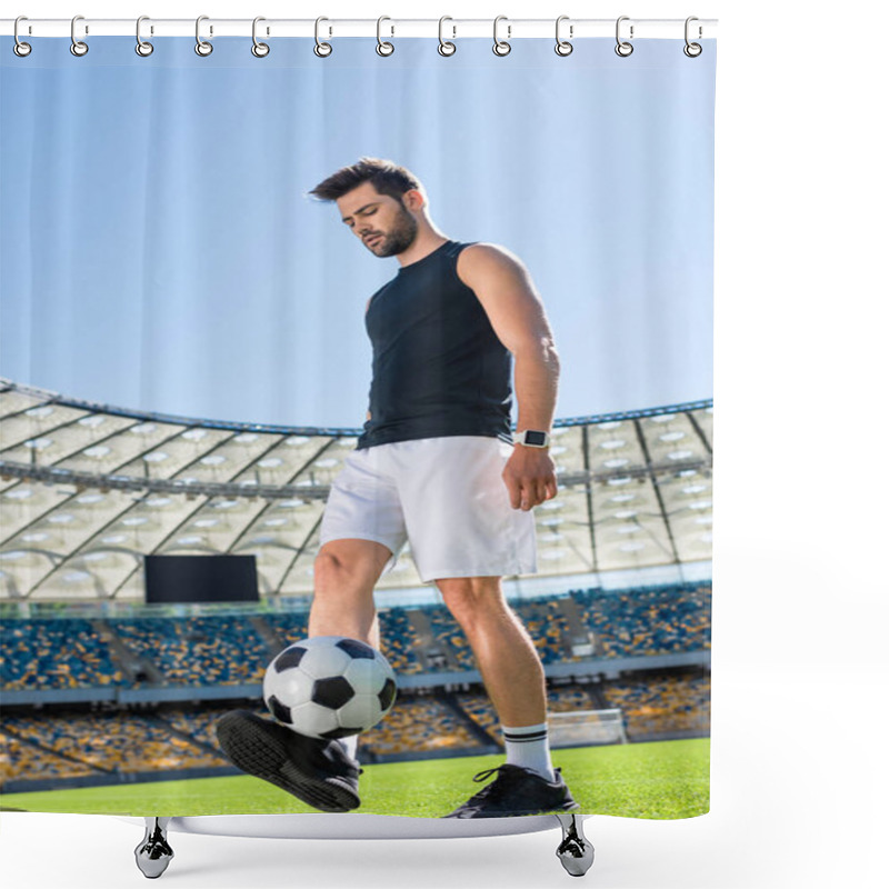 Personality  Handsome Young Soccer Player Exercising With Ball At Sports Stadium Shower Curtains