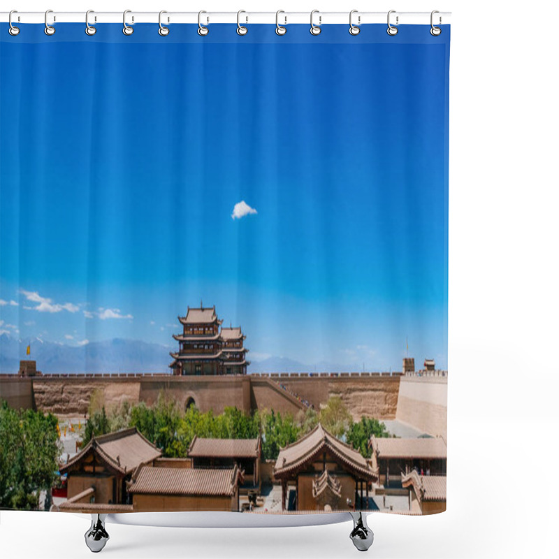 Personality  Gate Tower Building And Walls Under Blue Sky At Jiayu Pass, The First Frontier Fortress Of Ming Dynasty Great Wall, In Jiayuguan, China Shower Curtains