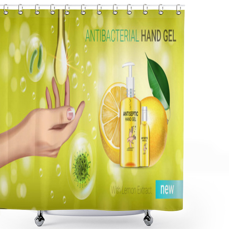 Personality  Lemon Flavor Antibacterial Hand Gel Ads. Vector Illustration With Antiseptic Hand Gel In Bottles And Lemon Elements. Shower Curtains