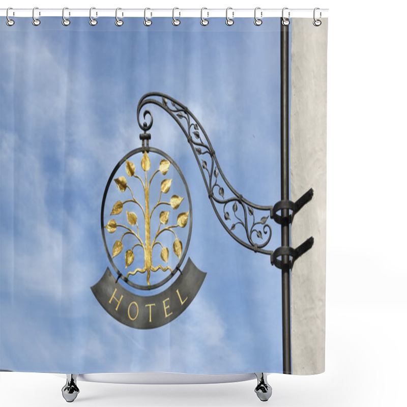 Personality  Classic Hotel Sign Against Blue Sky Shower Curtains