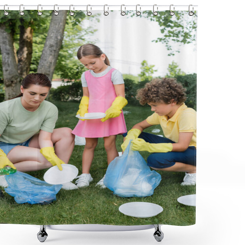 Personality  Mother And Children Picking Up Trash On Lawn  Shower Curtains