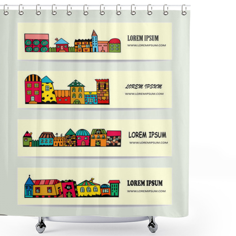 Personality  Town Banners With Bright Cartoon Houses. Shower Curtains