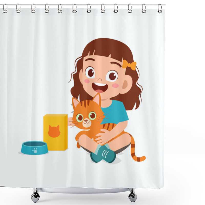 Personality  Happy Cute Little Kid Girl Play With Pet Cat Shower Curtains