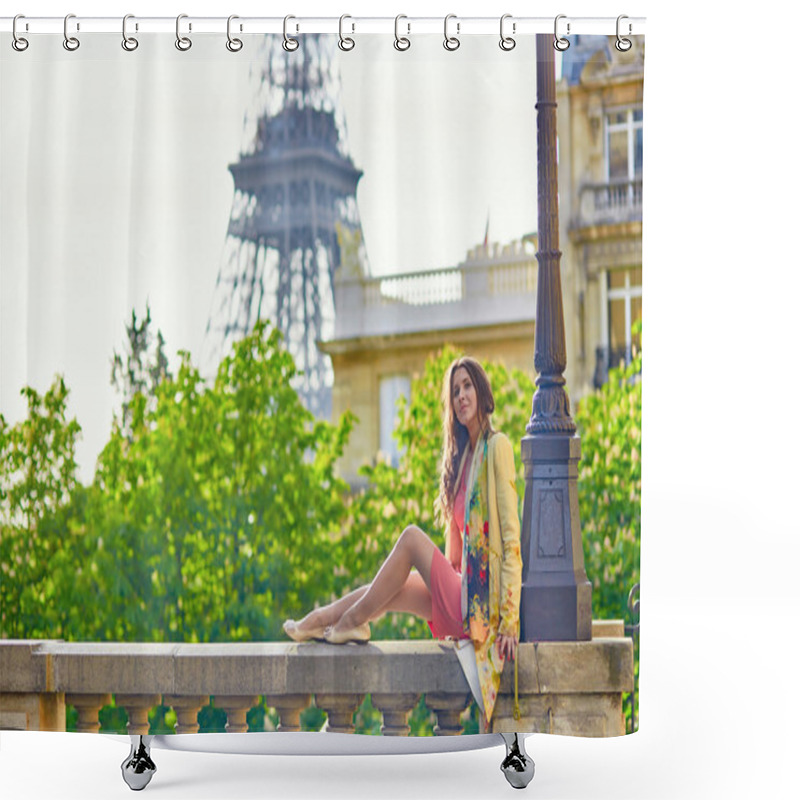 Personality  Beautiful Young Woman Near The Eiffel Tower Shower Curtains