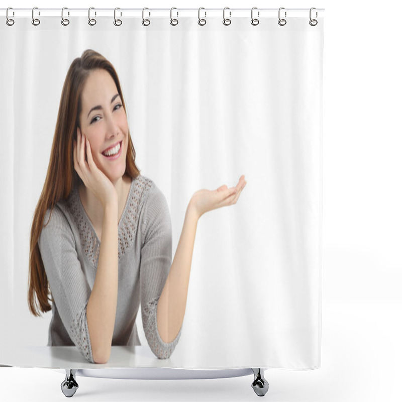 Personality  Happy Woman Presenting With Open Hand Holding Something Blank Shower Curtains