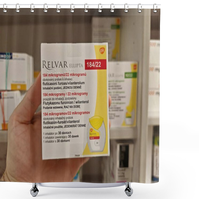 Personality  Prague, Czech Republic -December 5 2024: RELVAR ELLIPTA Inhaler With FLUTICASONE And VILANTEROL Active Substances By GLAXOSMITHKLINE, Used For Asthma And COPD. Shower Curtains