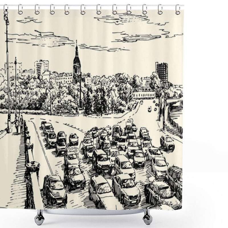 Personality  Russia.Moscow. Urban View Of The City Street With Buildings, People And Cars. Summer Day Black And White Hand Drawing With Pen And Ink. Sketch Style Shower Curtains