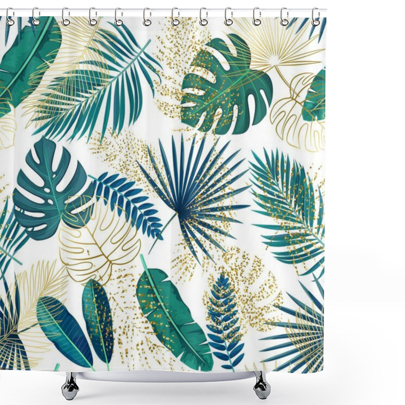 Personality  Green And Golden Tropical Leaves Seamless Pattern On White Background, Vector Illustration Shower Curtains