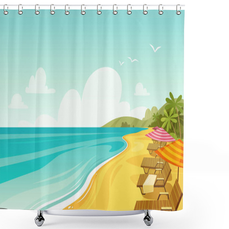 Personality  Sea Beach And Sun Loungers. Seascape, Vacation Banner. Cartoon Vector Illustration Shower Curtains