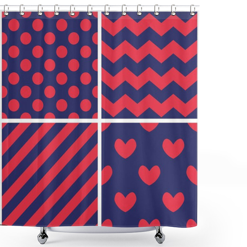 Personality  Tile Navy Blue, Red And White Vector Pattern Set With Polka Dots, Hounds Tooth, Zig Zag And Stripes Background Shower Curtains