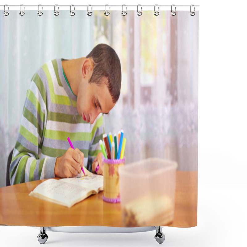 Personality  Young Adult Man Engages In Self Study, In Rehabilitation Center Shower Curtains