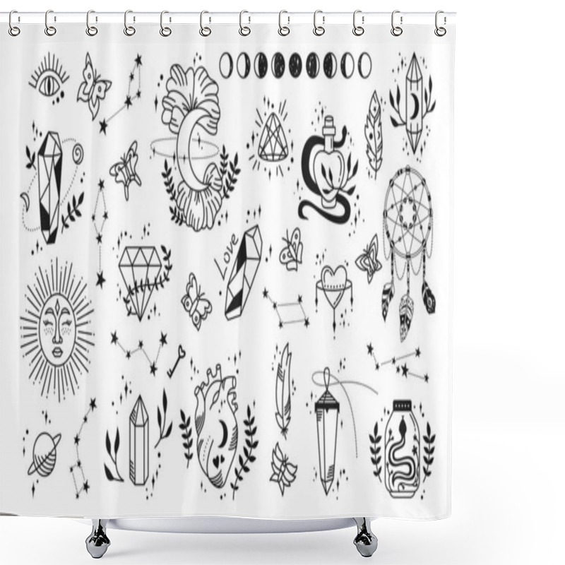 Personality  Mystic And Astrology Witch Magic Symbol Doodle Esoteric Boho Elements Tattoo Shower Curtains