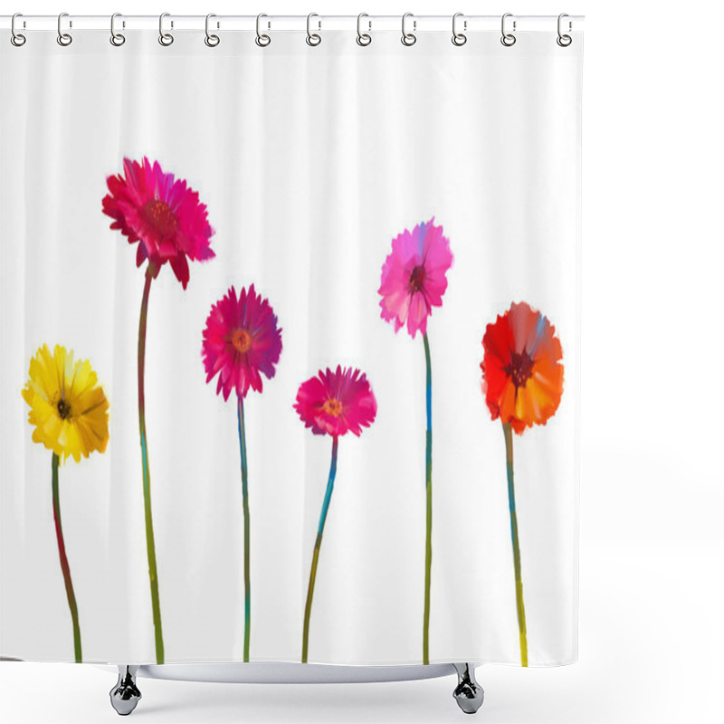 Personality  Still Life Of Yellow And Red Gerbera Flowers .Oil Painting Of Spring Flowers . Hand Painted Floral Impressionist Style. Isolate Flowers On White Background Shower Curtains