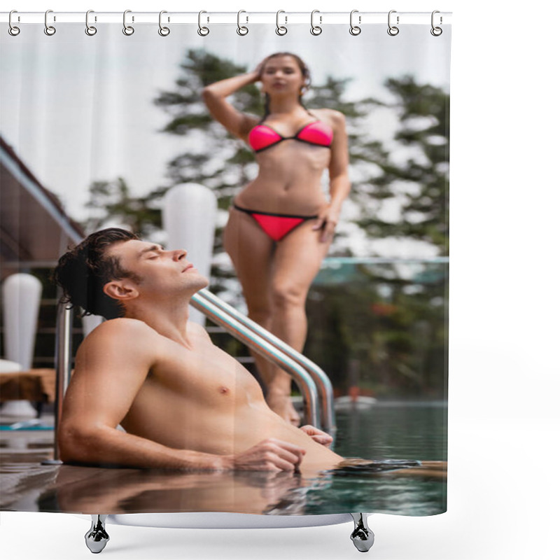 Personality  Selective Focus Of Muscular Man In Swimming Pool Near Woman In Swimsuit  Shower Curtains