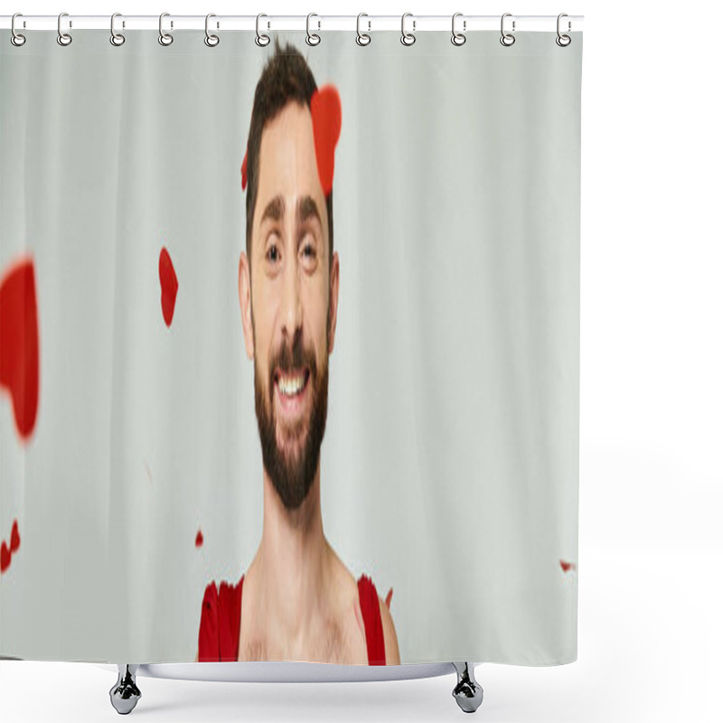 Personality  Funny Cupid Man Smiling At Camera Under Red Heart-shaped Confetti, St Valentines Party, Banner Shower Curtains