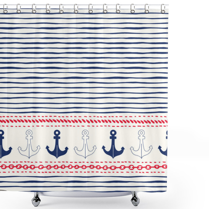 Personality  Hand-Drawn Horizontal Border With Ropes, Chains And Anchors Vector Seamless Pattern. Red, White, Blue Marine Background Shower Curtains