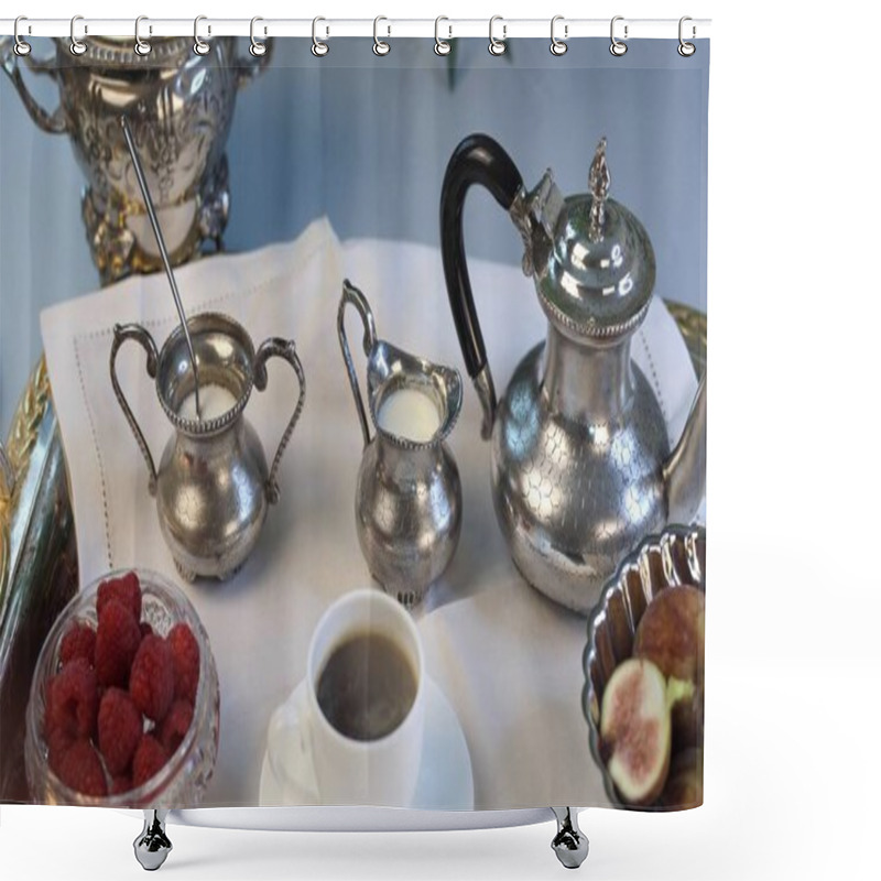 Personality  Breakfast Arranged With Intricate Silverware, Black-handled Teapot, Crystal Bowl Filled With Vibrant Raspberries, Figs Sliced Into Elegant Portions, And Smooth White Porcelain Coffee Cup. Shower Curtains