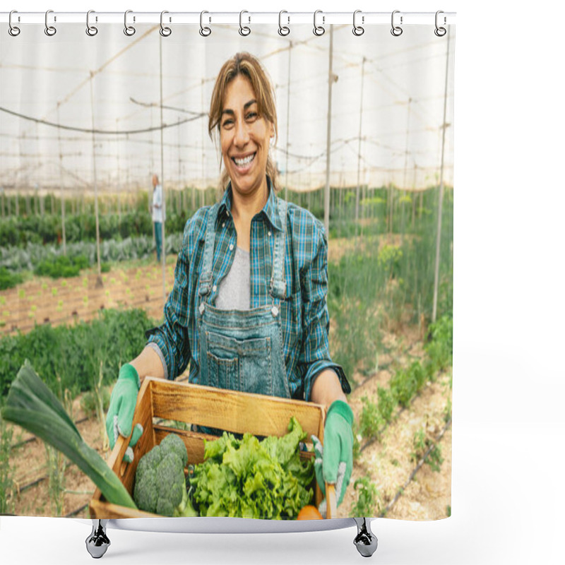 Personality  Happy Latin Farmer Working Inside Agricultural Greenhouse - Farm People Lifestyle Concept Shower Curtains