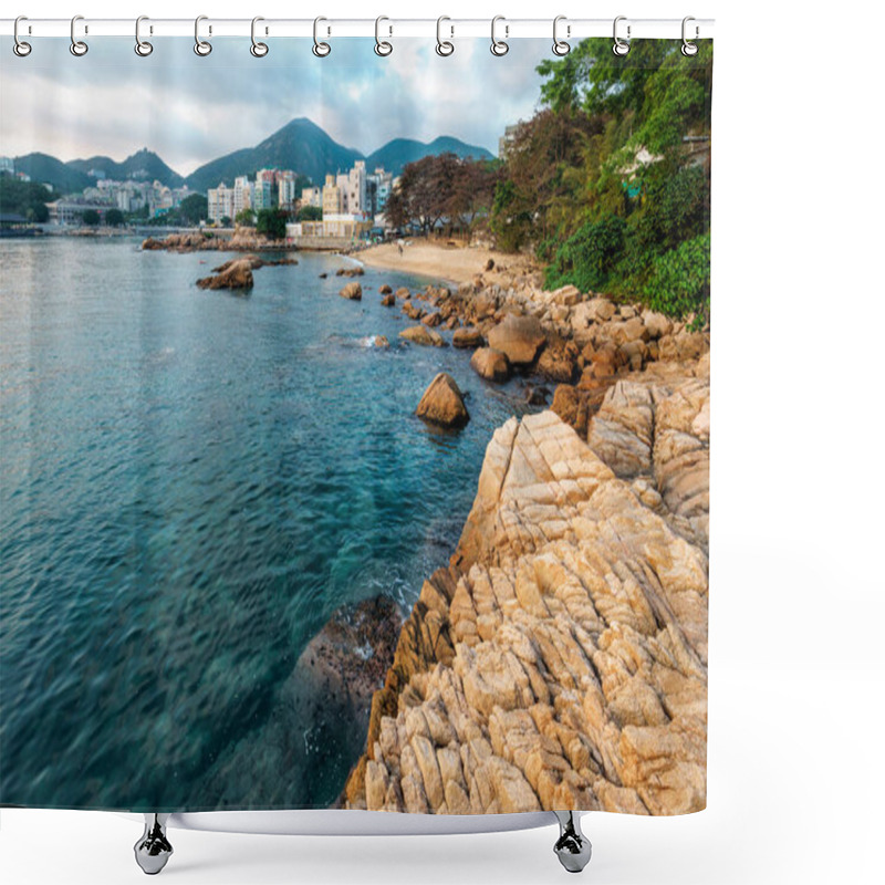 Personality  Rocky Sea Shore Of Stanley Bay In Hong Kong. Beautiful Scenic Landscape With Water, Mountains, Rocks, Buildings And Cloudy Sky Shower Curtains