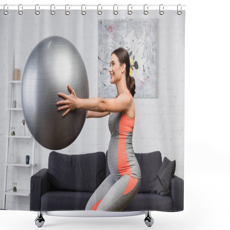 Personality  Pregnant Woman Doing Squat With Fitness Ball In Living Room  Shower Curtains