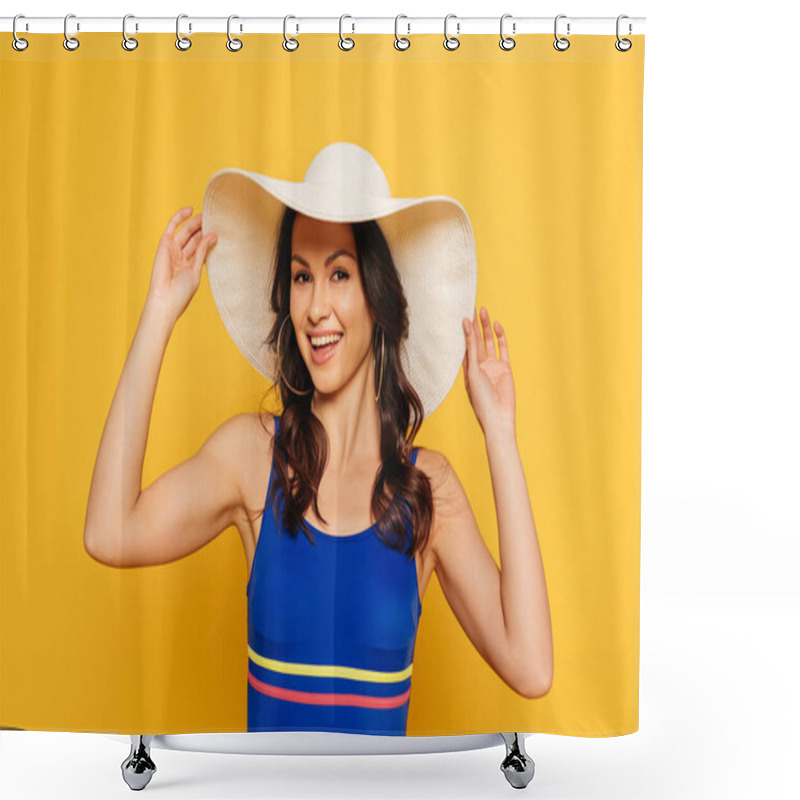 Personality  Happy Woman In Swimsuit Touching Sun Hat Isolated On Yellow Shower Curtains