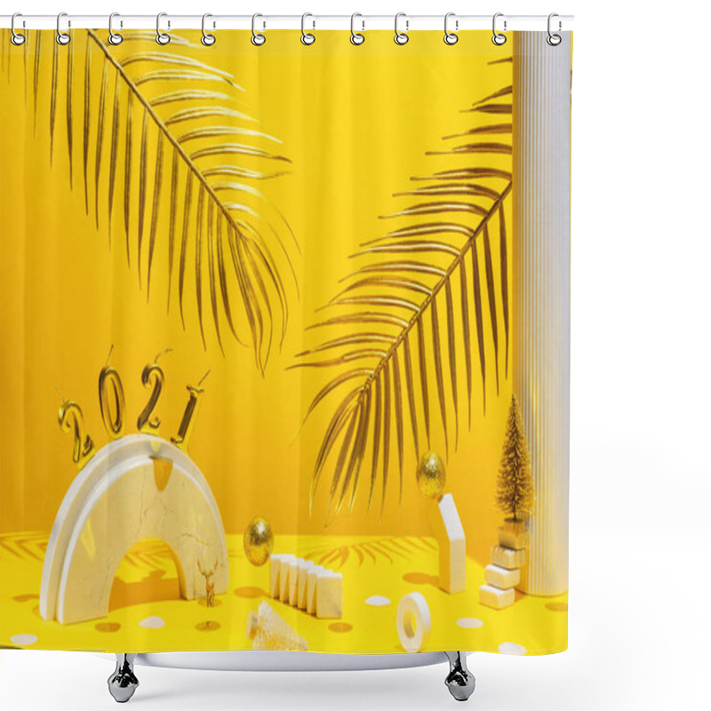 Personality  Golden Candles With The New Year 2021 On The Marble Arch, Palm Leaves, Column, Stairs, Balls, Christmas Trees, Confetti On A Yellow Background With The Horizon. Festive Trend Still Life. Shower Curtains