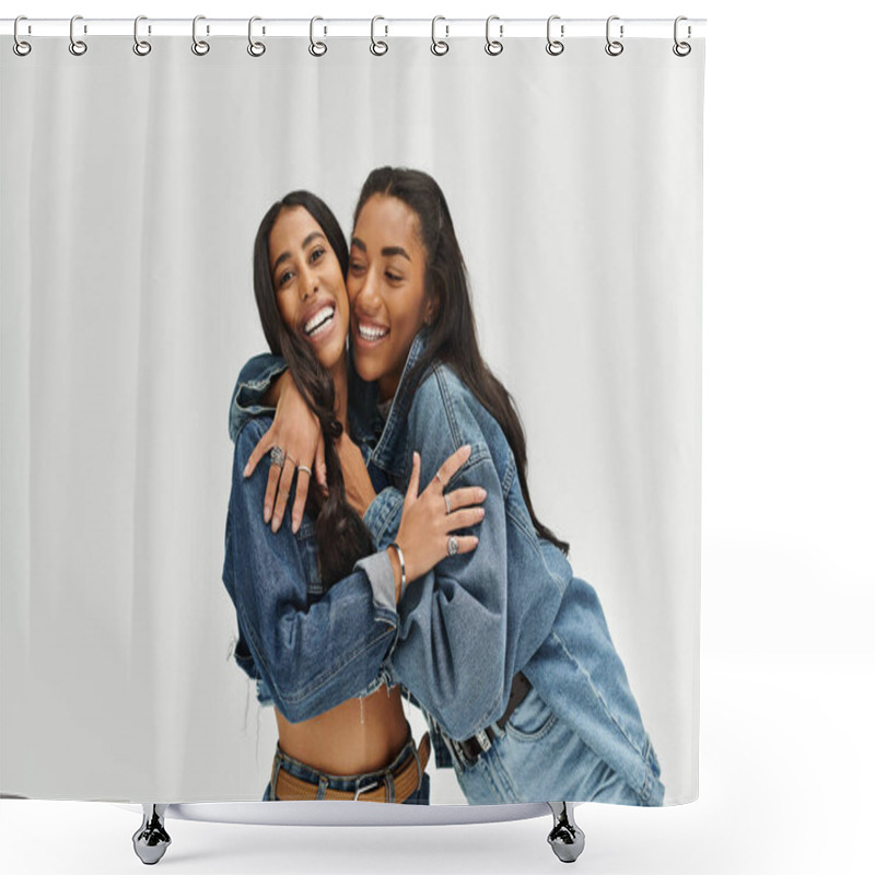 Personality  Two Young Women Celebrate Friendship While Wearing Fashionable Denim Attire With Playful Energy. Shower Curtains