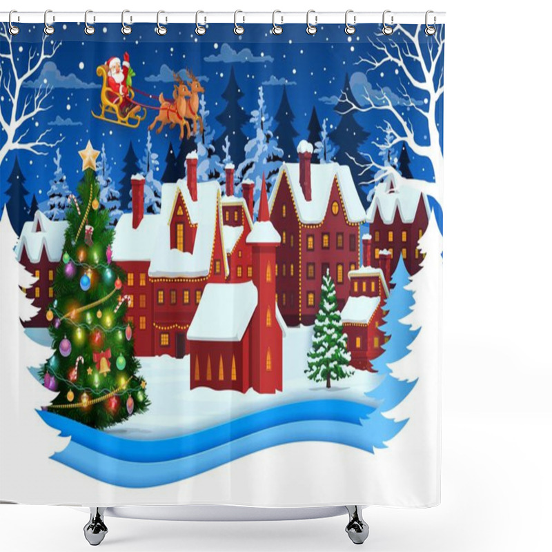 Personality  Christmas Paper Cut Winter Town And Santa On Sleigh. Cartoon 3d Vector Papercut Layered Card With Father Noel Rides Deer Sled In Night Sky With Snowflakes Over Snowy Countryside At Xmas Holiday Eve Shower Curtains