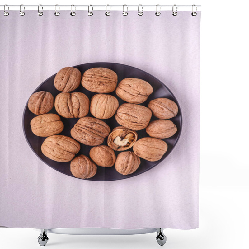 Personality  Walnuts Heap Food In Black Plate With Half Peeled Nut On White Background, Top View, Healthy Food Concept Shower Curtains