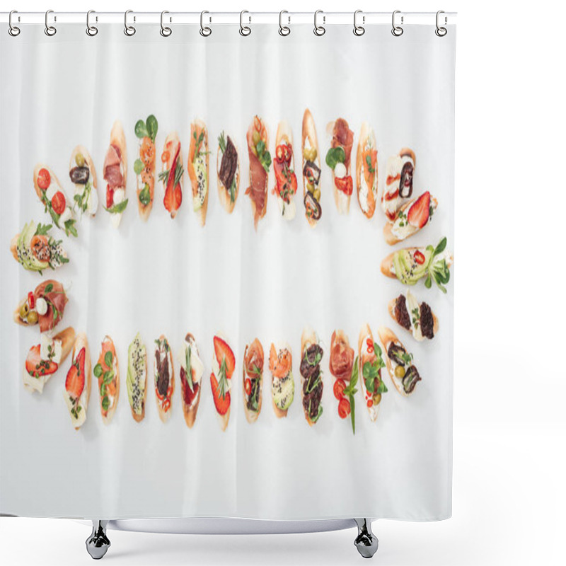 Personality  Top View Of Arranged Italian Bruschetta With Prosciutto, Salmon, Fruits, Vegetables And Herbs On White Shower Curtains