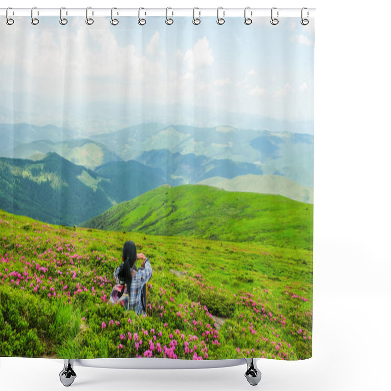 Personality  Happy Woman 59 Years Old Sits Among The Flowers Of Rhododendron In The Alpine Meadows In The Carpathians Mountains. Ukrainian Tourism. View From The Back. Shower Curtains