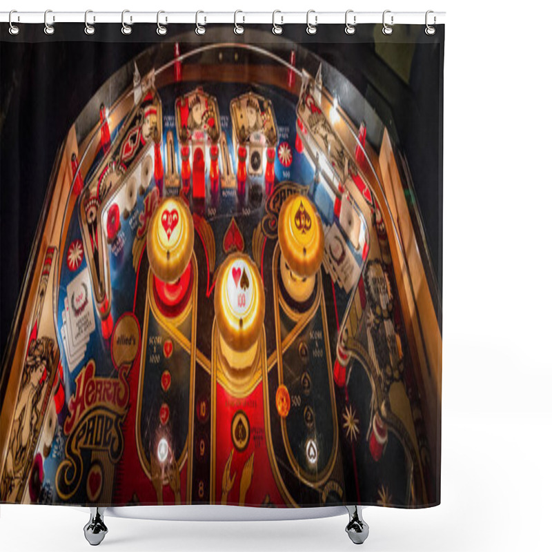 Personality  Budapest, Hungary - March 25, 2018: Pinball Museum. Pinball Table Close Up View Of Vintage Machine Shower Curtains