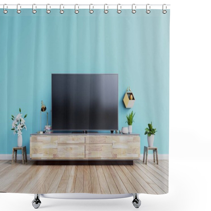 Personality  Tv Design On Cabinet Interior Modern Room With Plants,shelf,lamp On Dark Blue Wall,3D Rendering Shower Curtains