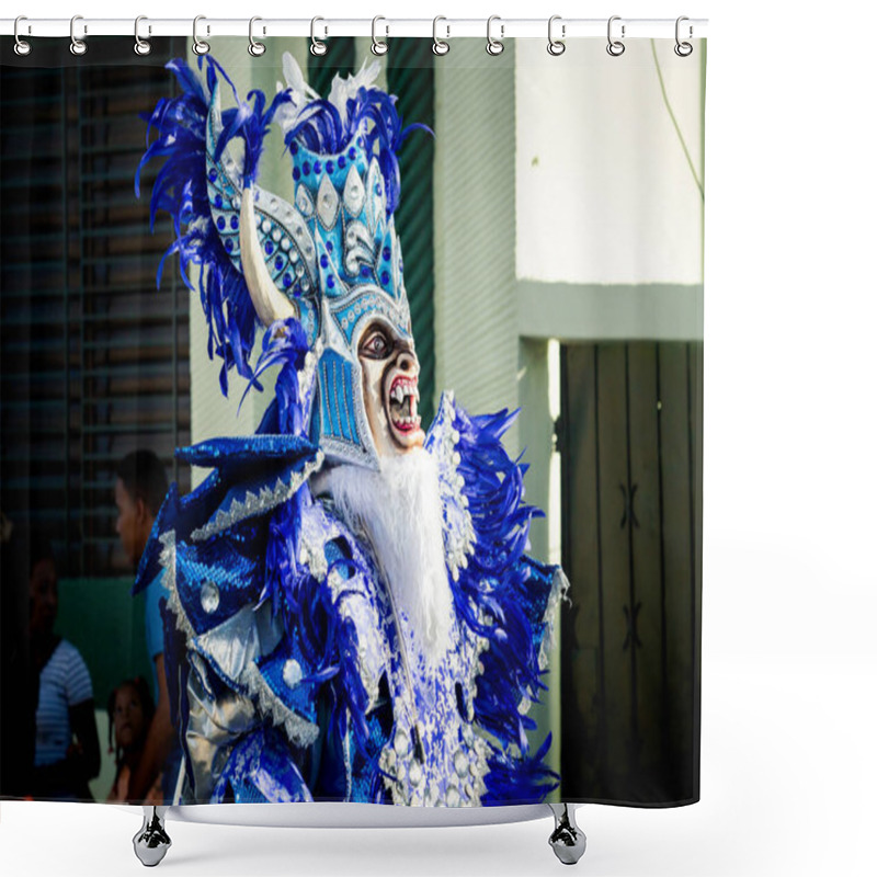 Personality  Concepcion De La Vega, DOMINICAN REPUBLIC - FEBRUARY 09, 2020: Man In Blue Shiny Masquerade Costume Pass By City Street At Dominican Carnival On February 9 In Concepcion De La Vega Shower Curtains