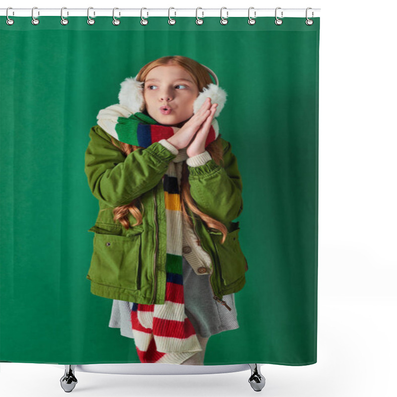 Personality  Preteen Girl In Ear Muffs, Striped Scarf And Winter Outfit Feeling Cold On Turquoise Backdrop Shower Curtains