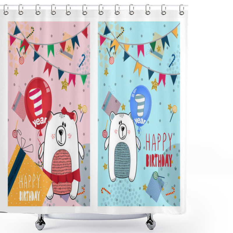 Personality  Set Of Happy Birthday Cards Design For One Year Old Baby Shower Curtains