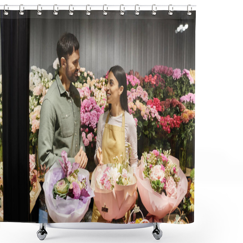 Personality  A Skilled Florist Engages With A Male Client, Showcasing Vibrant Floral Designs And Arrangements. Shower Curtains