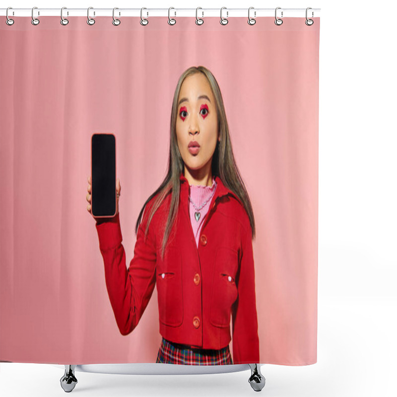 Personality  Young Asian Woman With Red Valentines Day Makeup Showing Smartphone With Blank Screen On Pink Shower Curtains