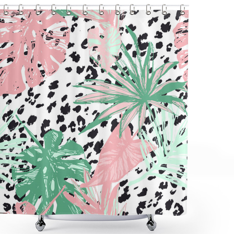 Personality  Summer Botanical Seamless Pattern: Tropical Leaves, Leopard Fur Coat, Animal Skin Print In Pastel Colors Shower Curtains