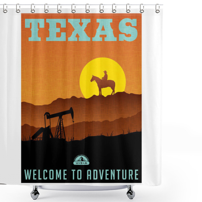 Personality  Illustrated Travel Poster Or Sticker For Texas With Oil Wells, Rock Ridge, Cowboy And Sunset Shower Curtains